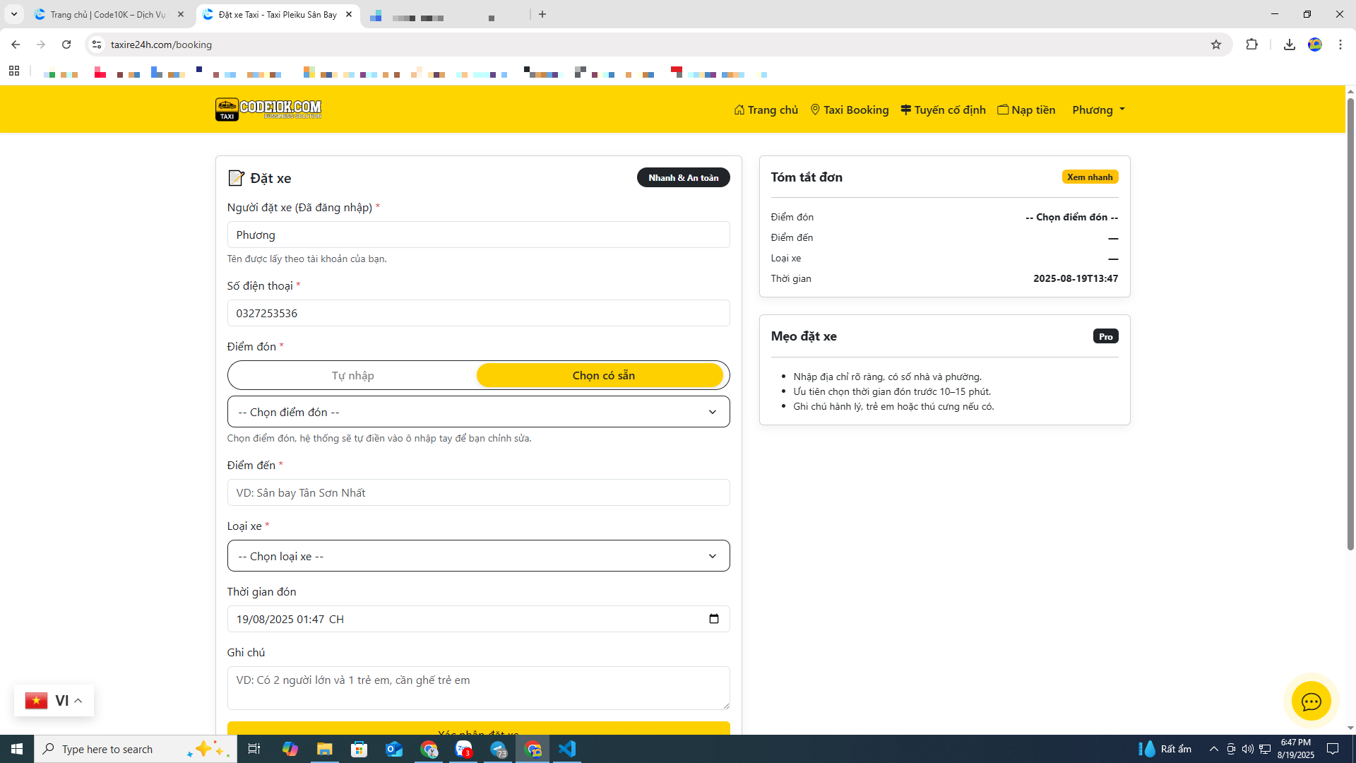 Website Booking Taxi & Đặt xe ghép - tiện chuyến